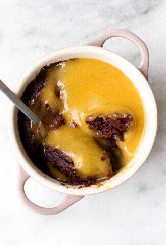 Gooey Chocolate Flourless Mug Cake with Pumpkin Spice Custard