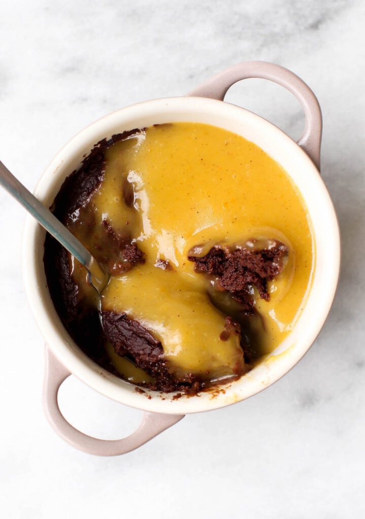 Gooey Chocolate Flourless Mug Cake with Pumpkin Spice Custard
